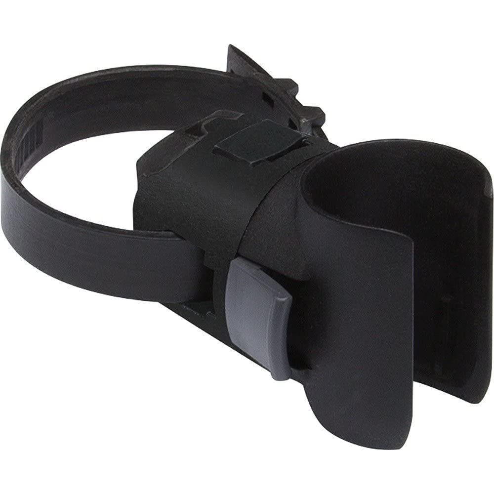 Schwarzer Kunststoffhalter mit verstellbarem Riemen und Clip.