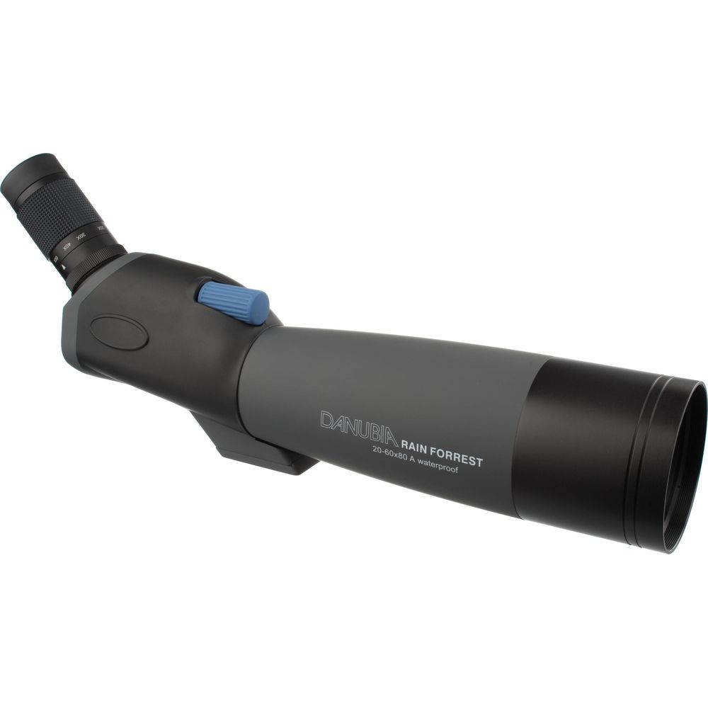 Cannocchiale grigio e nero con rotella di messa a fuoco blu. Marchi: DANUBIA RAIN FORREST.