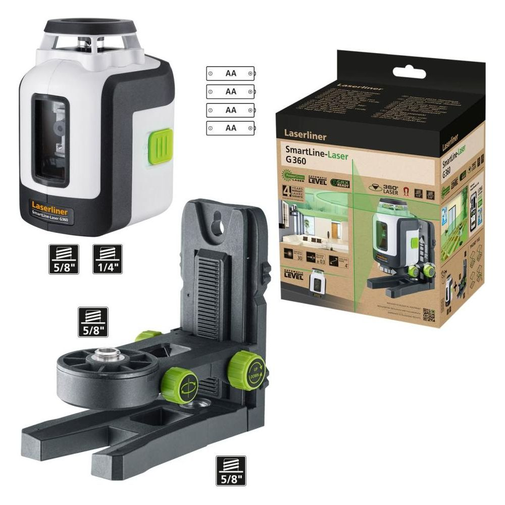 Laserliner G360 mit Zubehör und Verpackung, zeigt das Gerät, eine Halterung und Batterien.