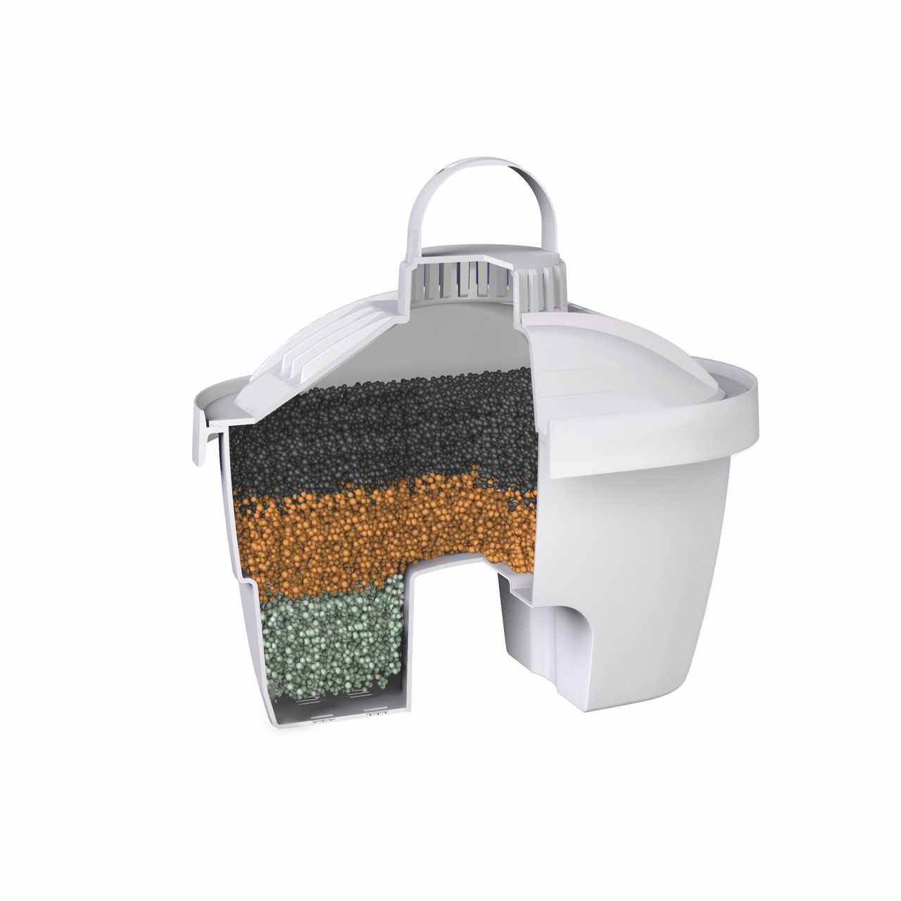 Widok przekroju białego dzbanka filtrującego wodę pokazujący trzy warstwy granulek.