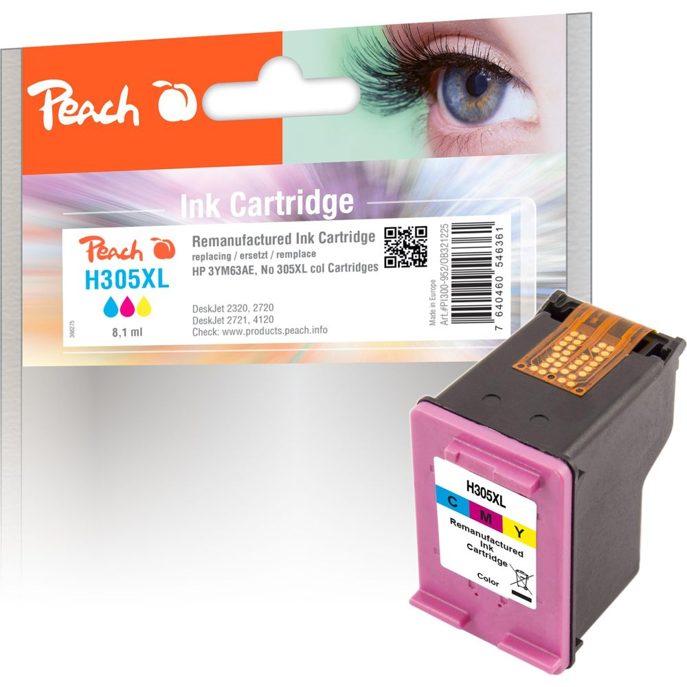 Cartucho de tinta color Peach H305XL, remanufacturado, para impresoras HP. Paquete y cartucho.