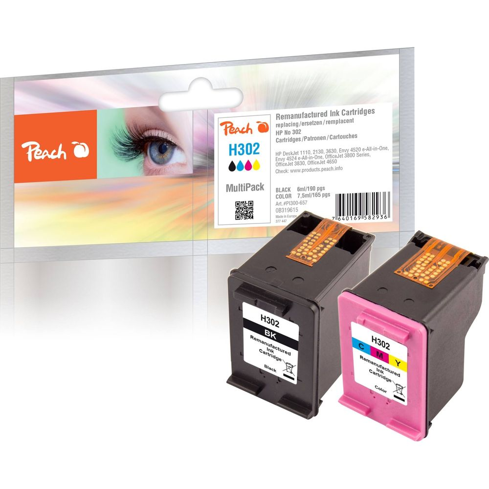 Due cartucce d'inchiostro Peach H302, una nera, una colorata, davanti alla confezione.