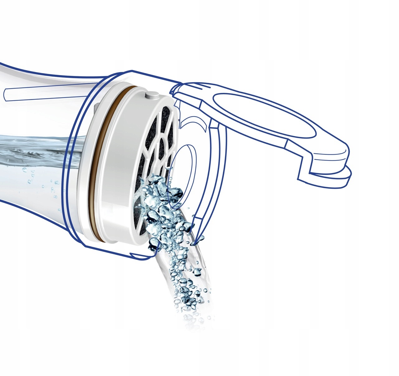 Woda przepływa przez filtr w dzbanku z otwartą pokrywką.