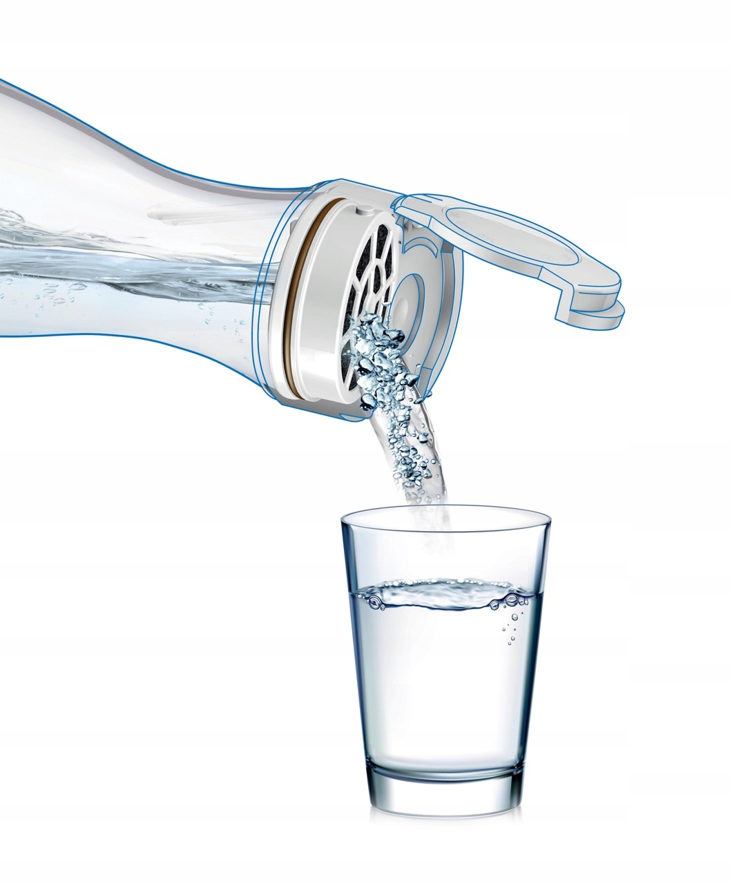 Woda leje się z dzbanka filtrującego do szklanki.