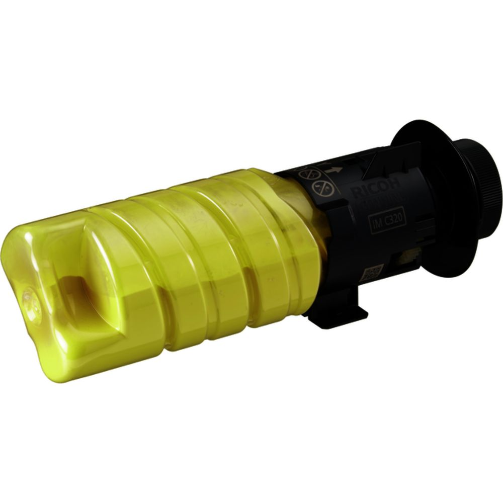 Żółty toner Ricoh IM C320 z czarną obudową, zbliżenie.