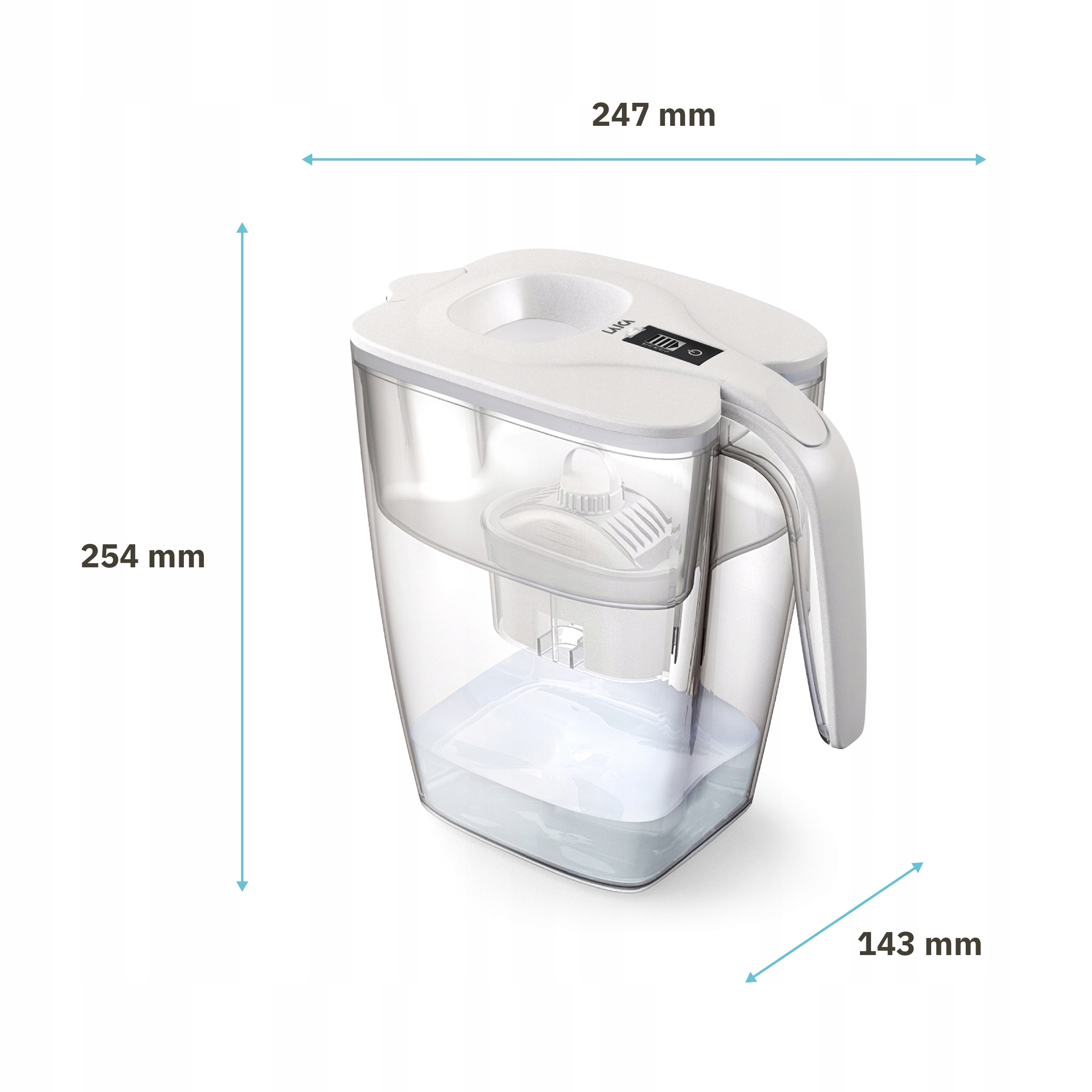 Biały dzbanek filtrujący wodę o wymiarach 247 mm, 254 mm i 143 mm.