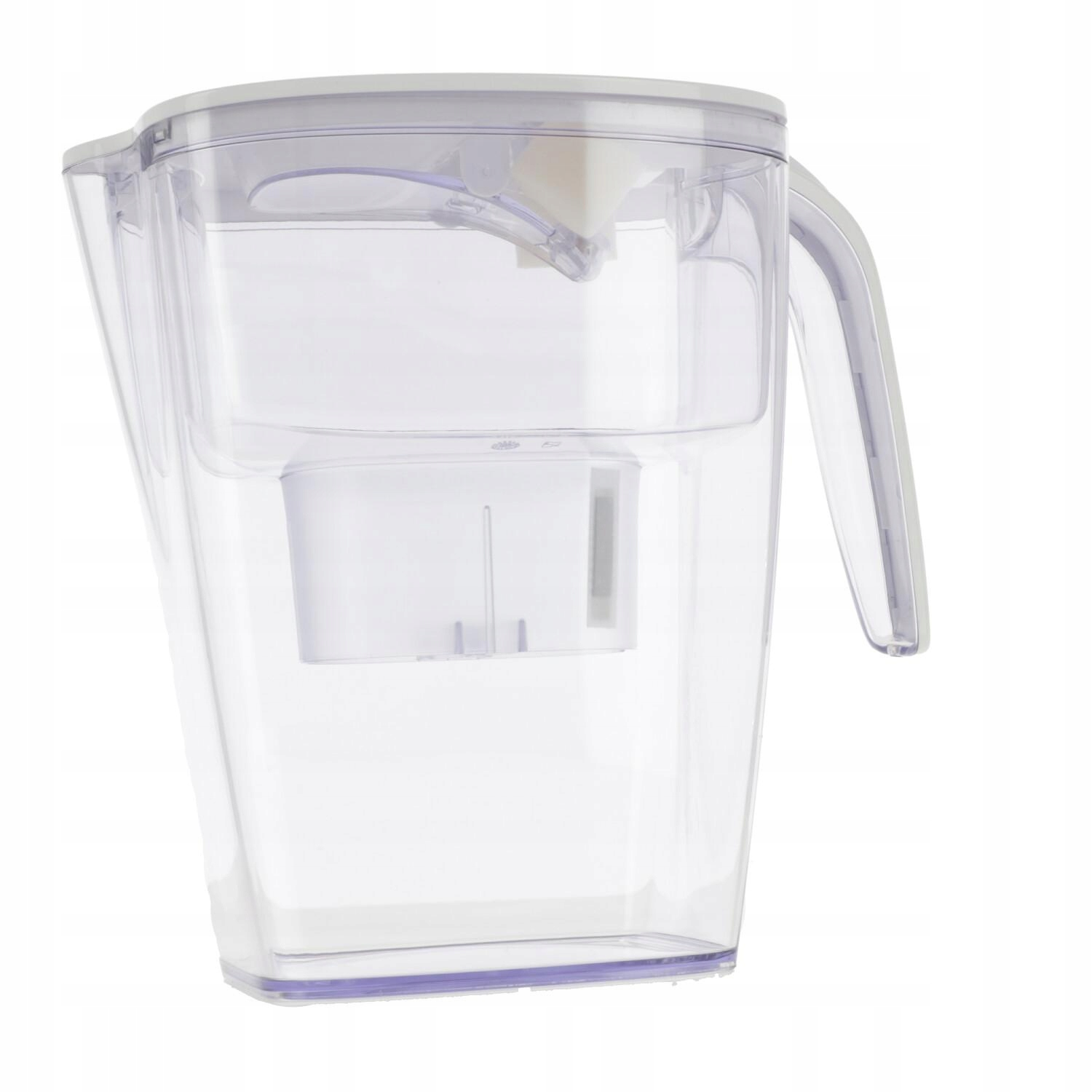 Przezroczysty dzbanek filtrujący wodę z białym uchwytem i pokrywką.