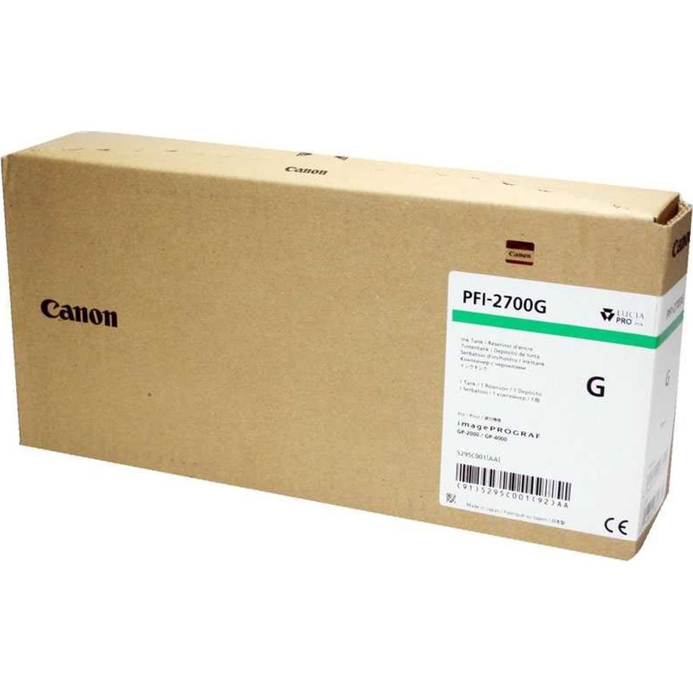 Tinta Canon PFI-2700G en caja de cartón marrón con etiquetas.