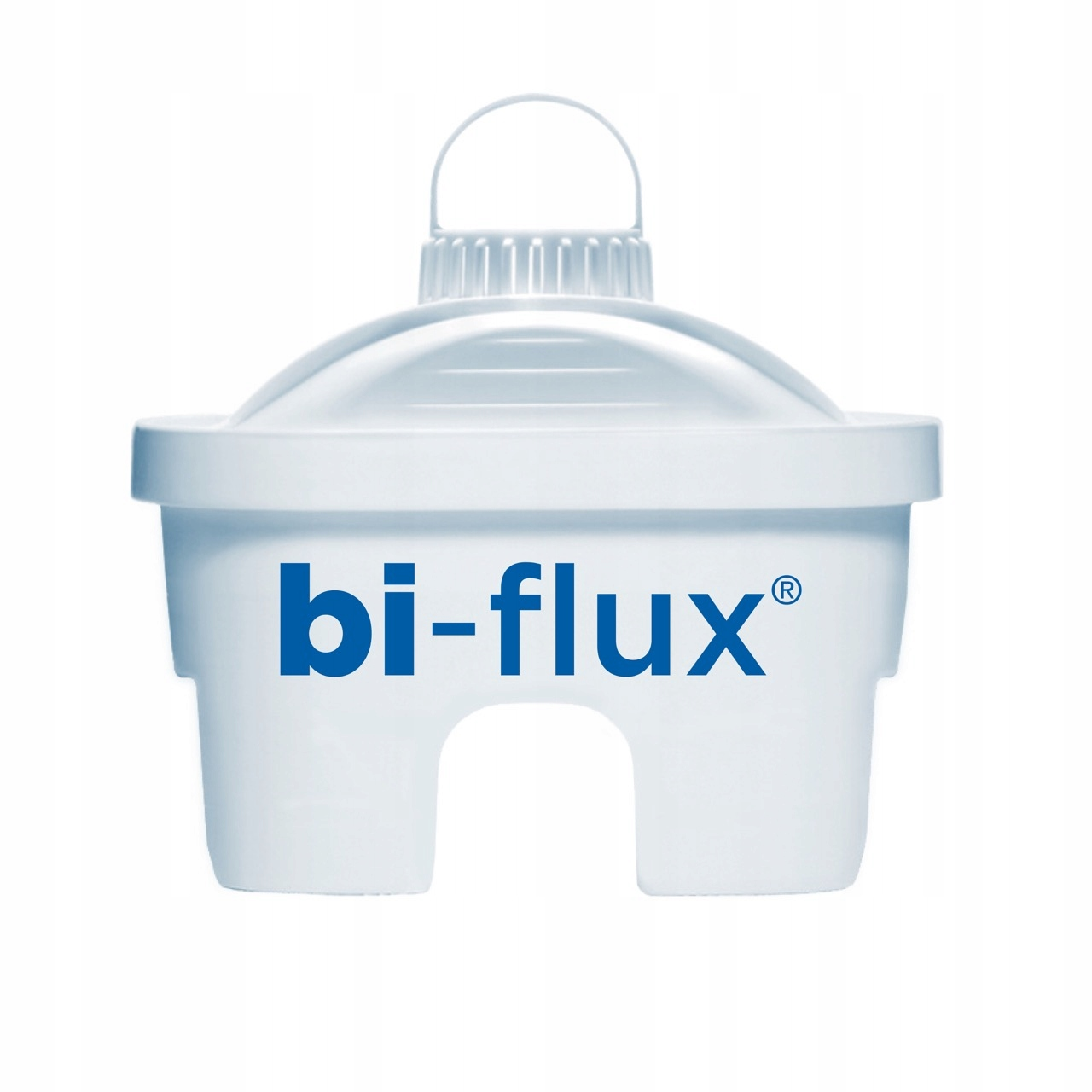 Biały filtr do wody z niebieskim napisem „bi-flux”.