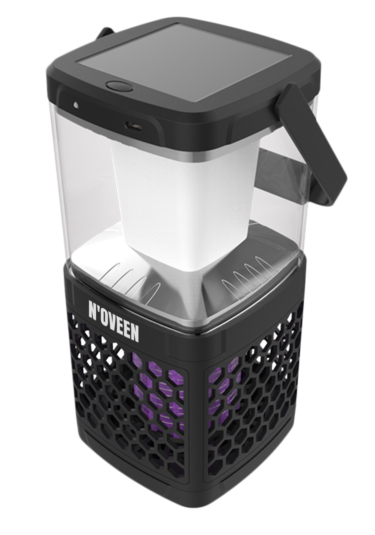 Czarna latarnia z fioletowym światłem w środku, panelem słonecznym na górze.