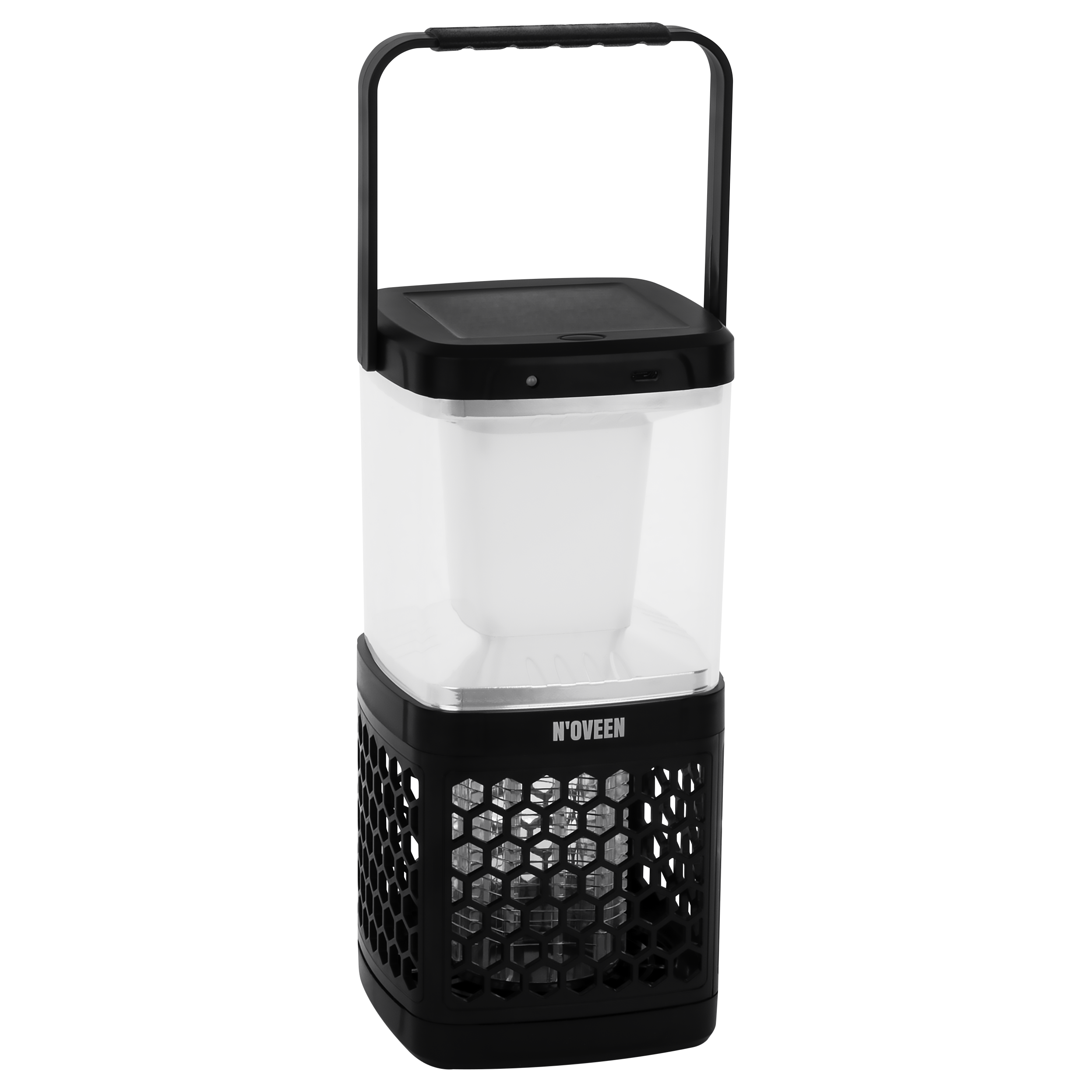 Czarna latarnia z półprzezroczystym pojemnikiem i podstawą w plastry miodu.