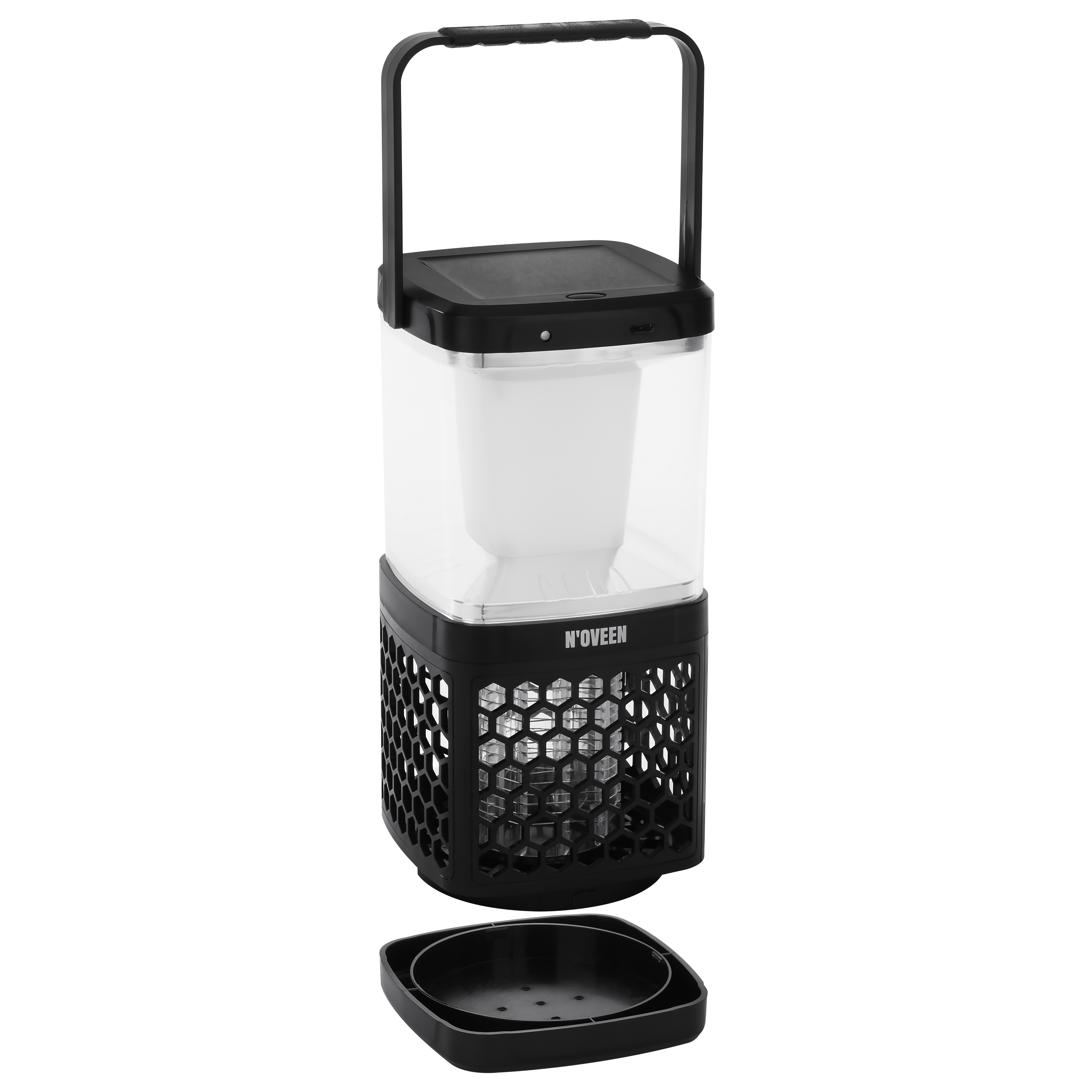 Czarna latarnia z uchwytem, przezroczystym pojemnikiem i podstawą plastra miodu.