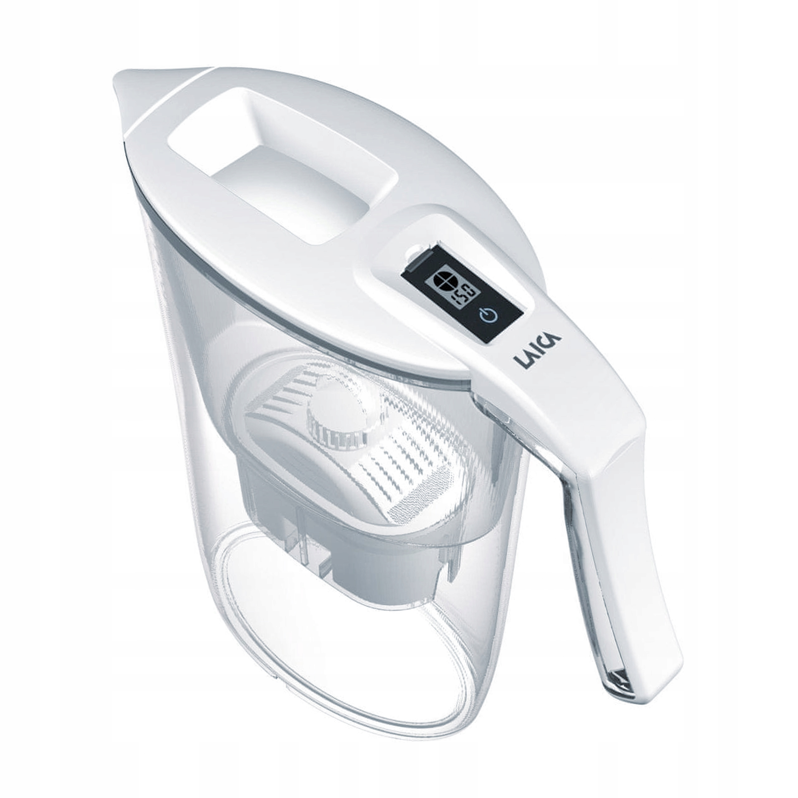 Biały dzbanek filtrujący wodę z cyfrowym wyświetlaczem i uchwytem.