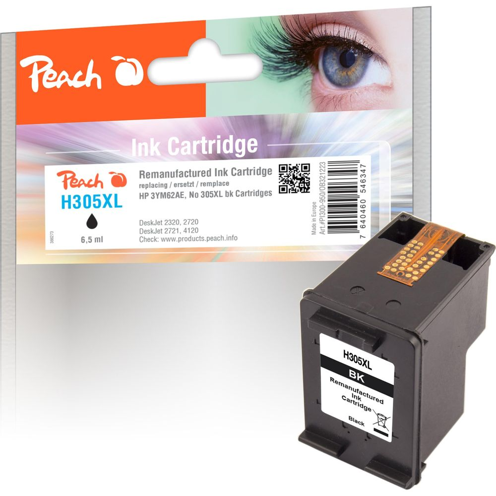 Cartucho de tinta Peach H305XL frente a embalaje con imagen de ojo.