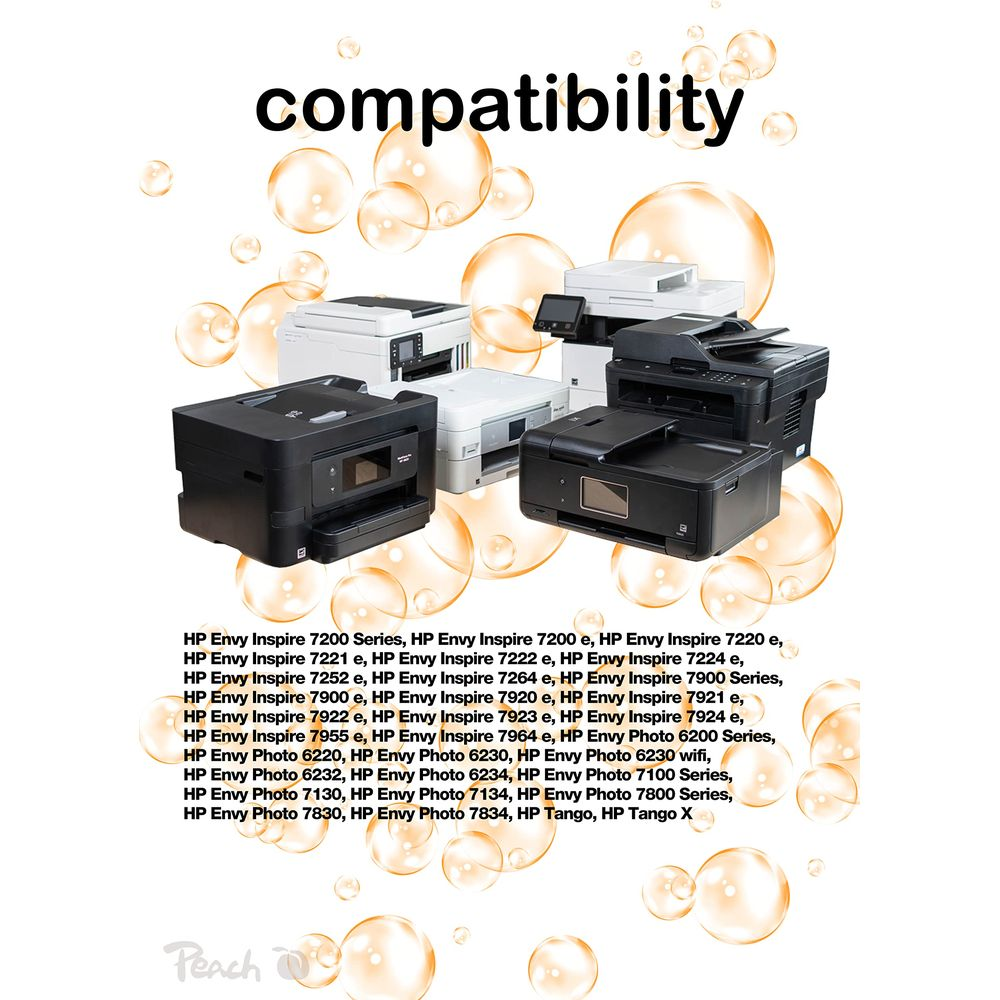 Diverse stampanti HP e la parola compatibilità su sfondo bianco.