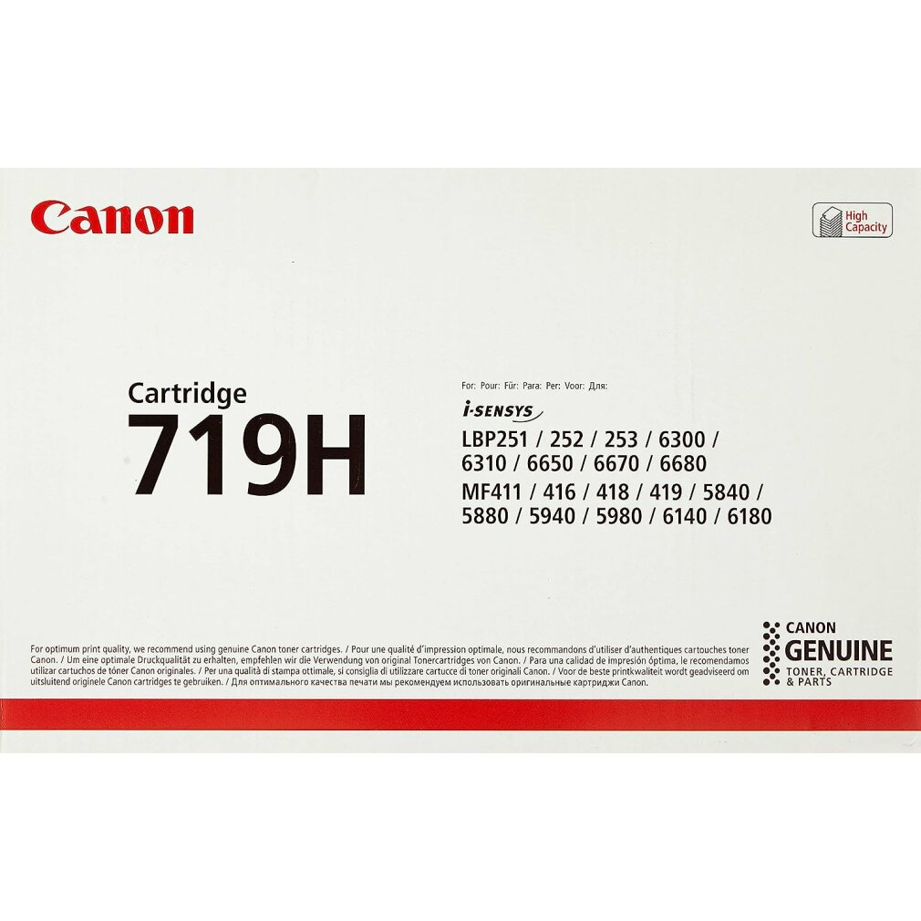 Toner Canon 719H z numerami modeli i-SENSYS i oznaczeniem „Wysoka Pojemność“.