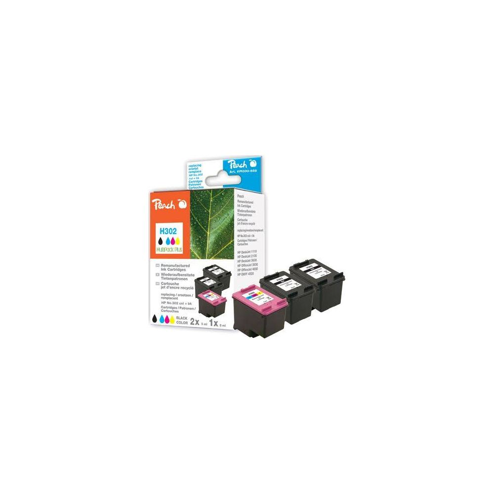 Cartucce d'inchiostro Peach H302: 2x nero, 1x colore. Per stampanti HP.