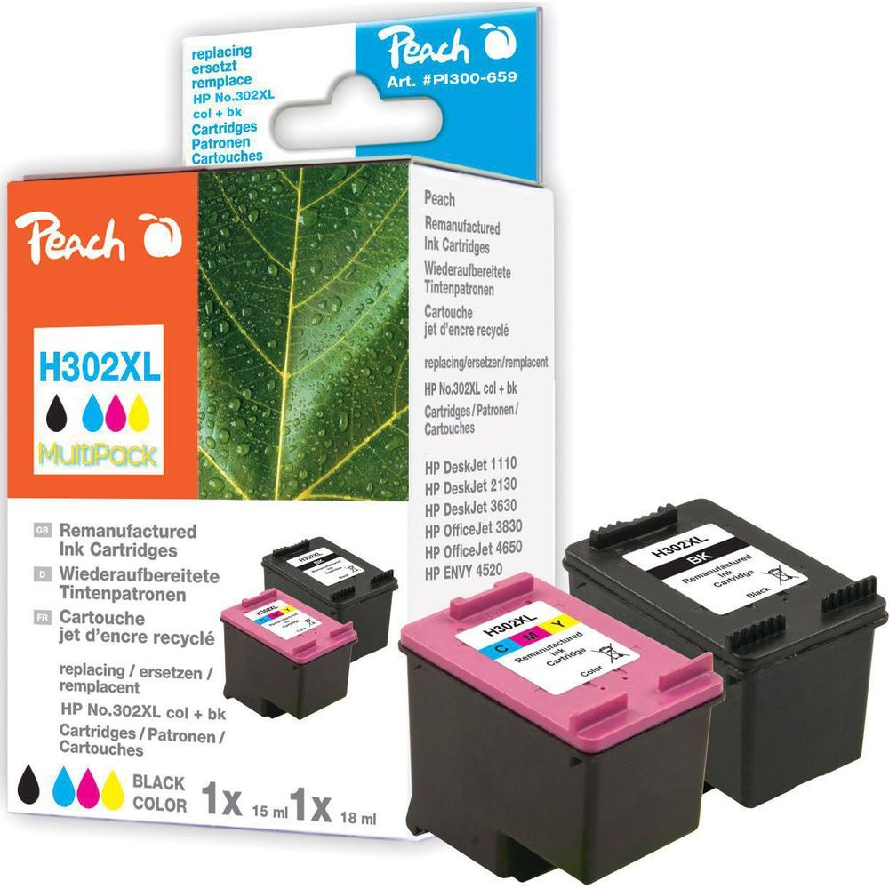 Tusze Peach H302XL: Czarny i kolorowy multipack z motywem liści.