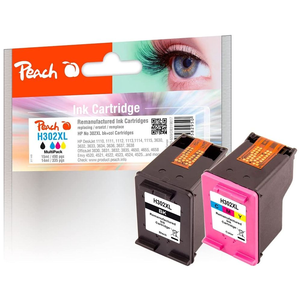 Dwa wkłady atramentowe Peach H302XL, czarny i kolorowy, do drukarek HP.