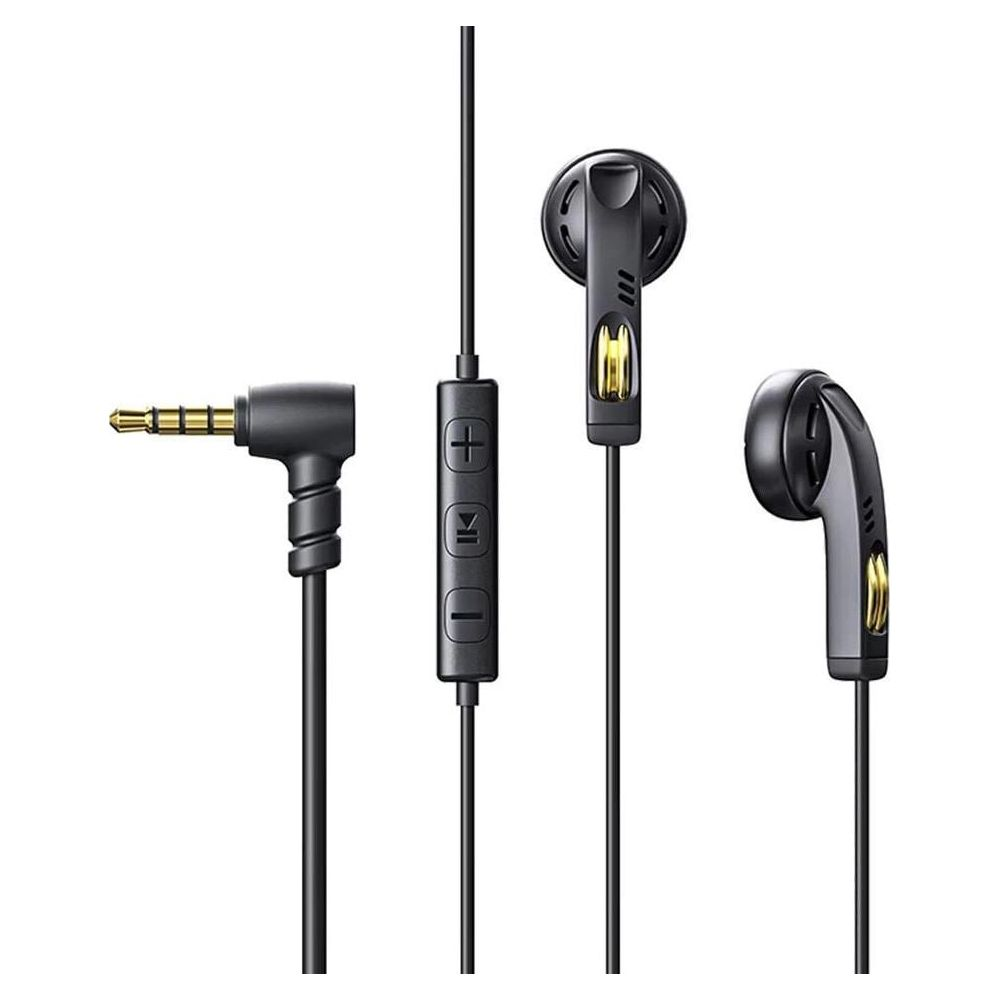 Auricolari neri con accenti dorati e telecomando in linea.