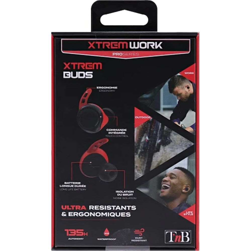Verpackung für XTREM BUDS Kopfhörer mit roten Akzenten und Bildern von Nutzern.