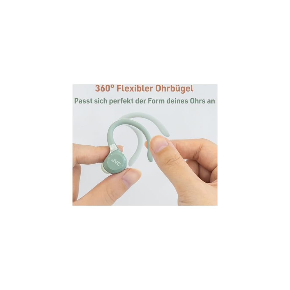 Ręka zgina miętowo-zielony słuchawki JVC z elastycznym pałąkiem 360°.