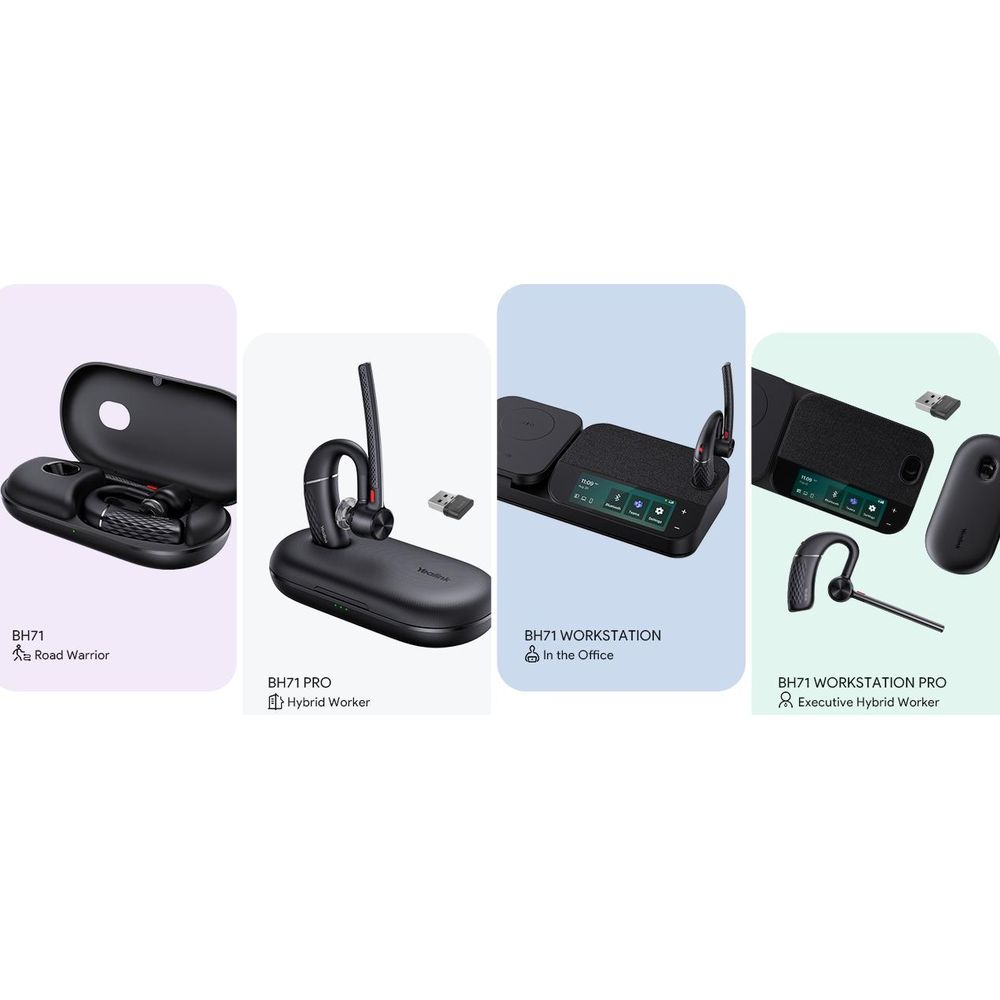 Quattro prodotti per auricolari: BH71, BH71 PRO, BH71 WORKSTATION, BH71 WORKSTATION PRO.