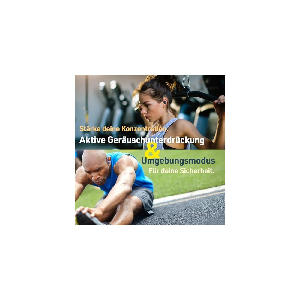Kobieta trenuje, mężczyzna się rozciąga. Tekst: Wzmocnij koncentrację. Aktywna redukcja szumów i tryb otoczenia.