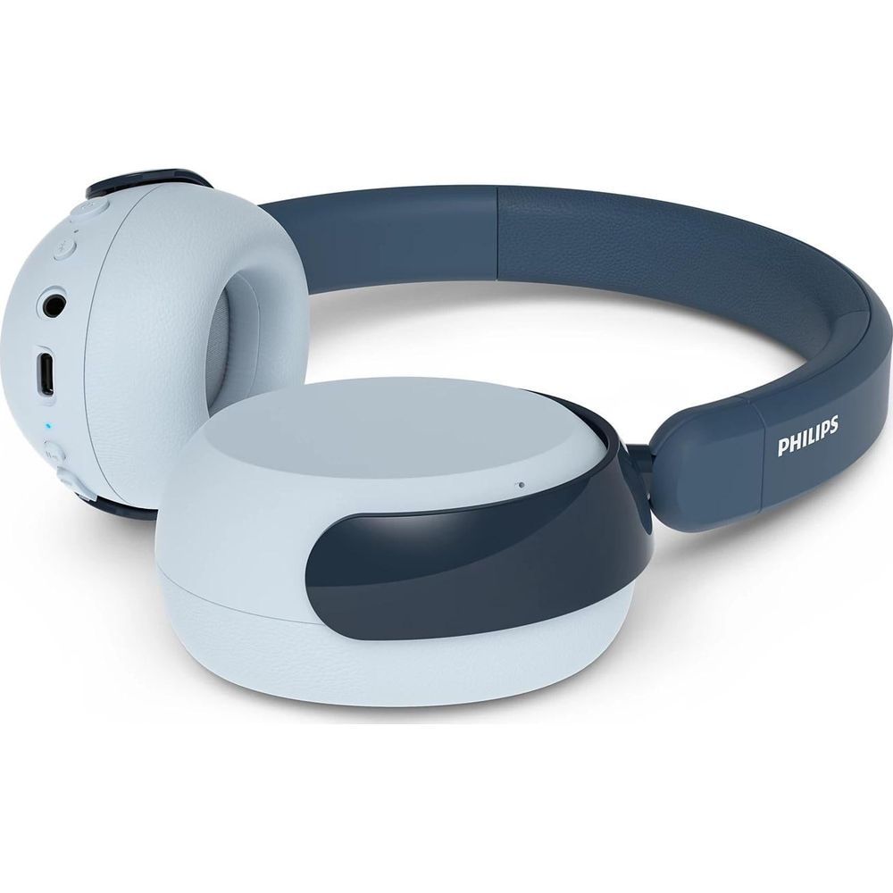 Casque Philips bleu clair et bleu foncé avec arceau, sur fond blanc.