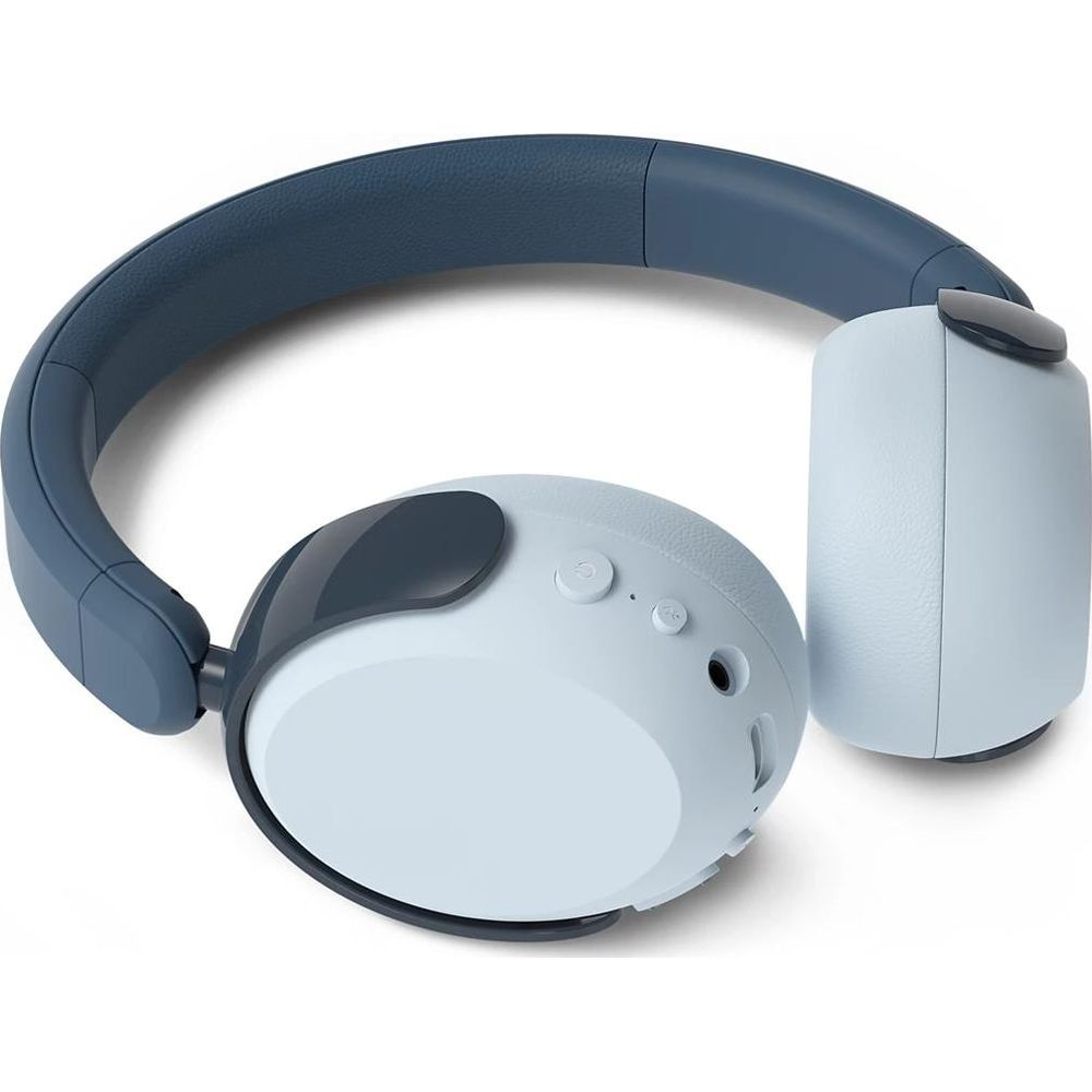 Casque bleu et blanc avec arceau et écouteurs rembourrés.