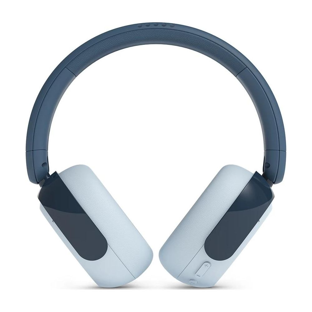 Casque bleu et blanc avec serre-tête et écouteurs rembourrés.