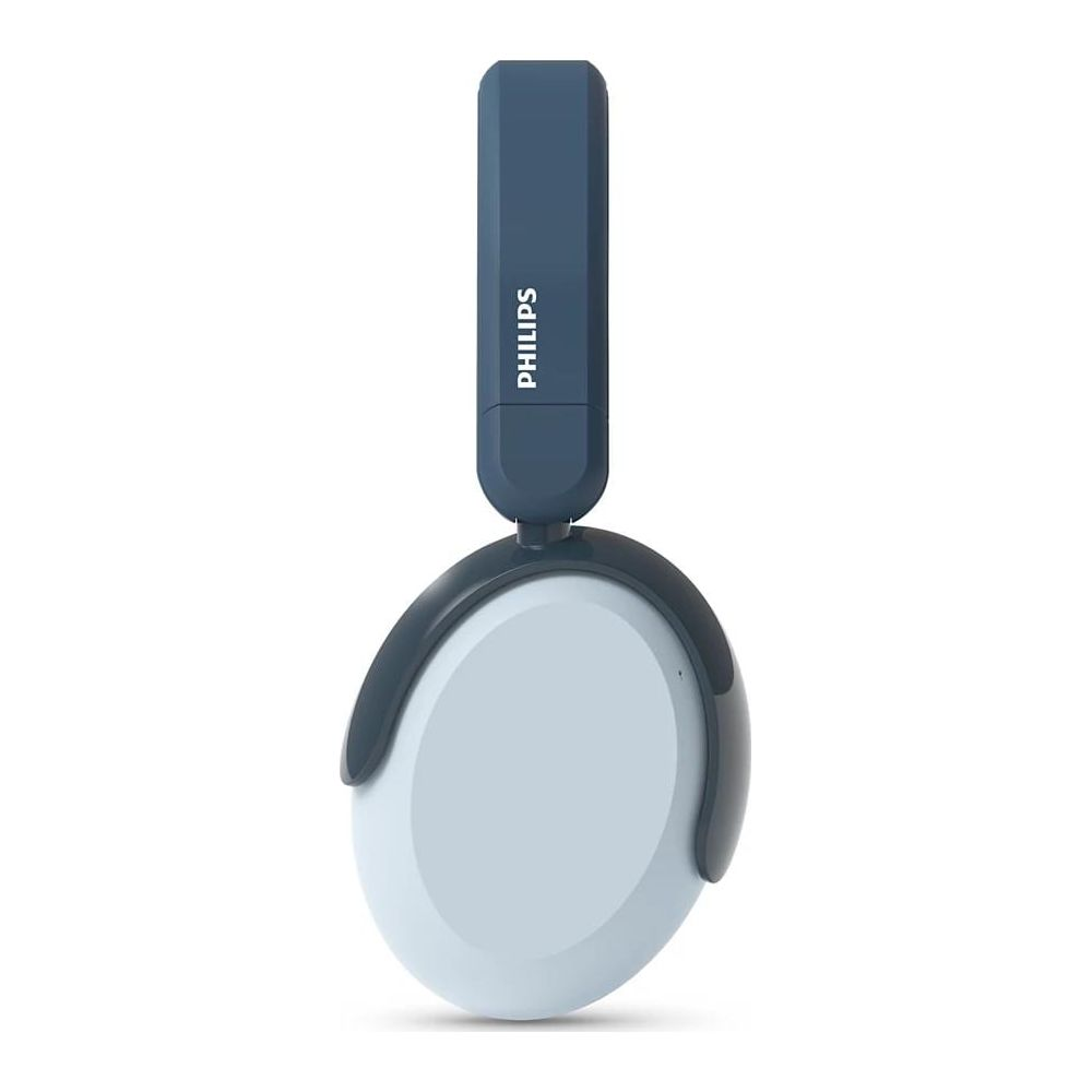 Un casque Philips bleu avec écouteur blanc et bordure foncée.