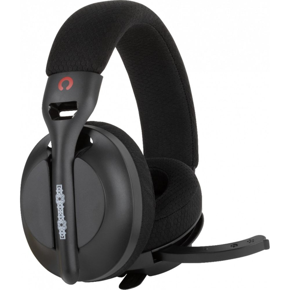 Casque de jeu noir avec microphone et logo rouge sur l'arceau.