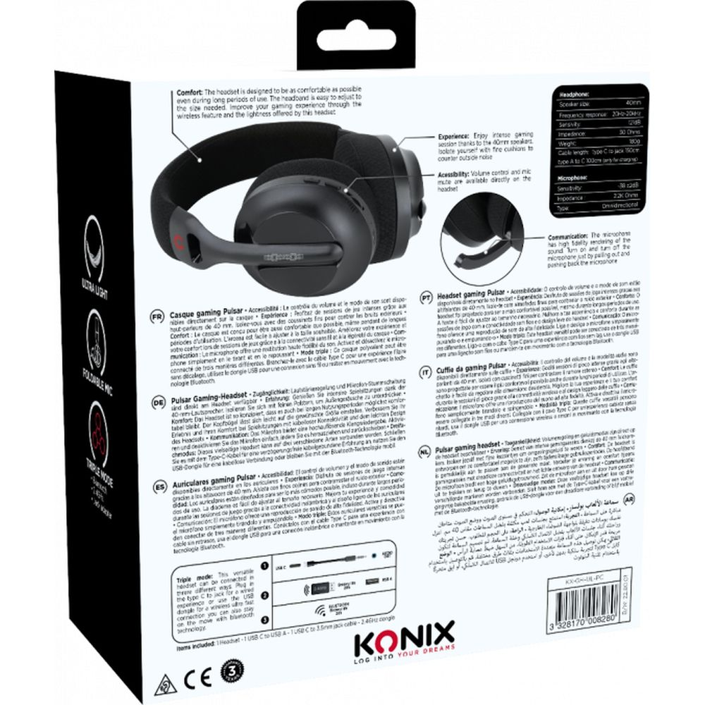 Casque de jeu noir avec microphone, emballé avec des informations sur le produit.