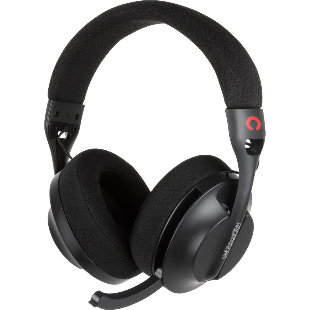 Casque gamer noir avec micro et logo rouge.