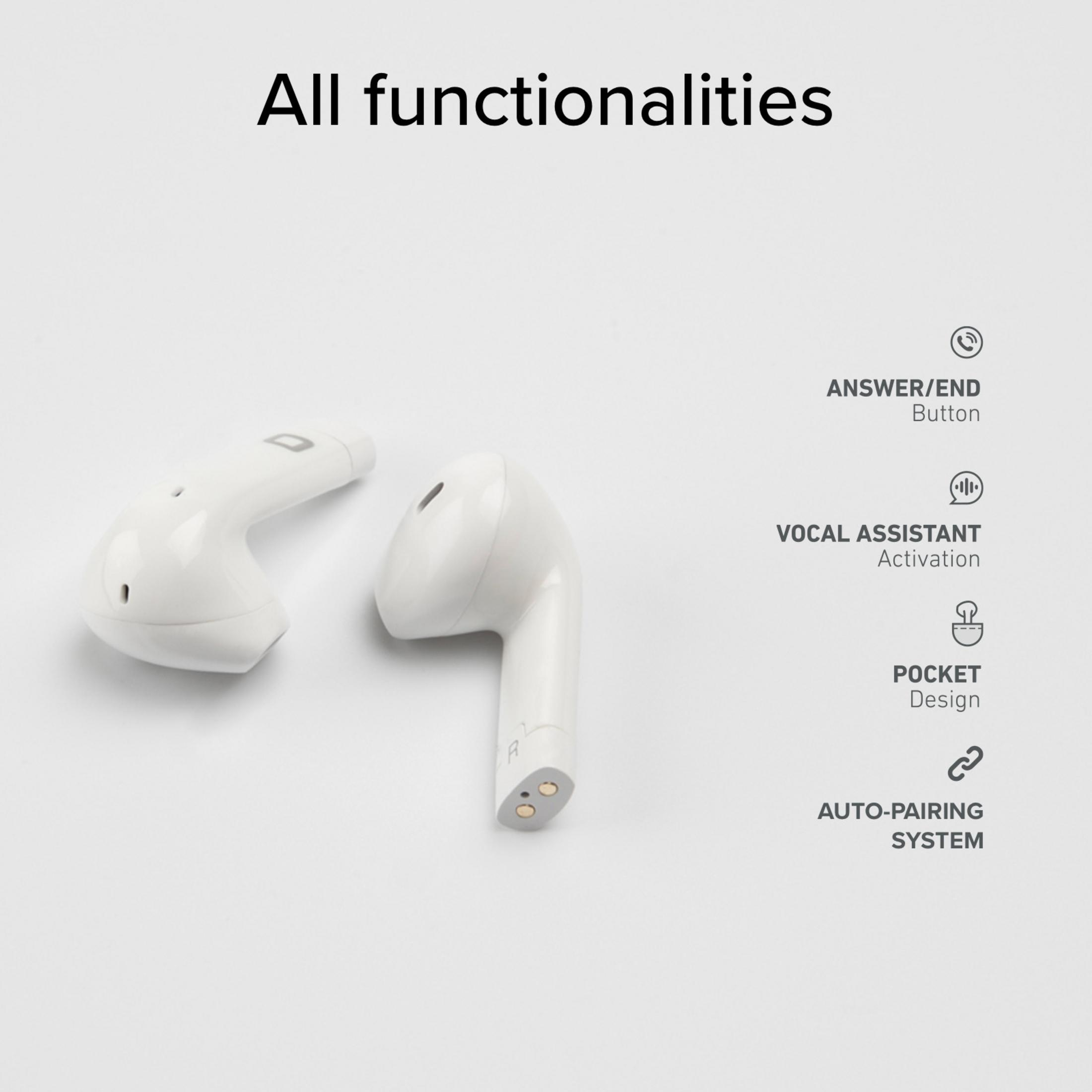 Auricolari bianchi con testo su funzioni come risposta alle chiamate e assistente vocale.