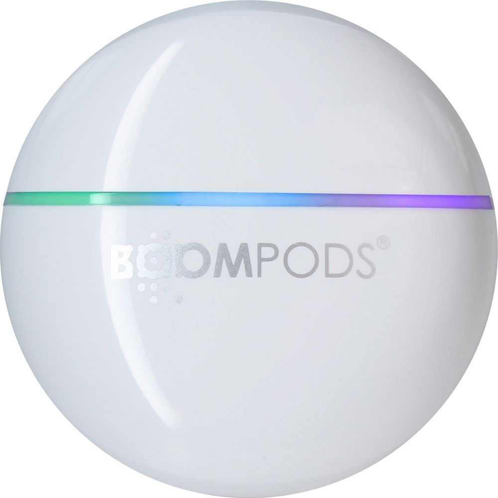 Sphère blanche avec logo BOOMPODS et bande de couleur : vert, bleu, violet.
