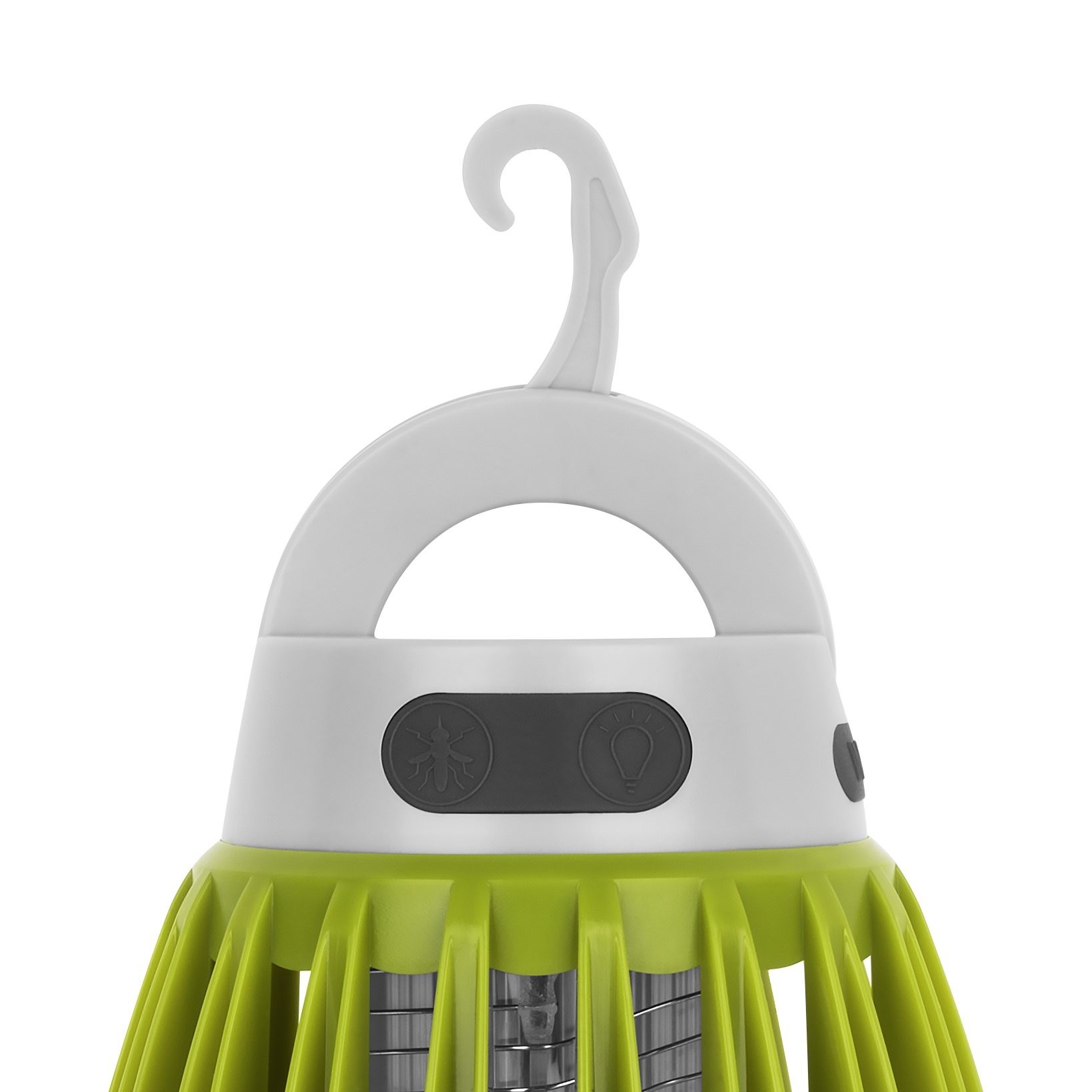 Biała i zielona lampa owadobójcza z hakiem. Przyciski trybu owadów i światła.