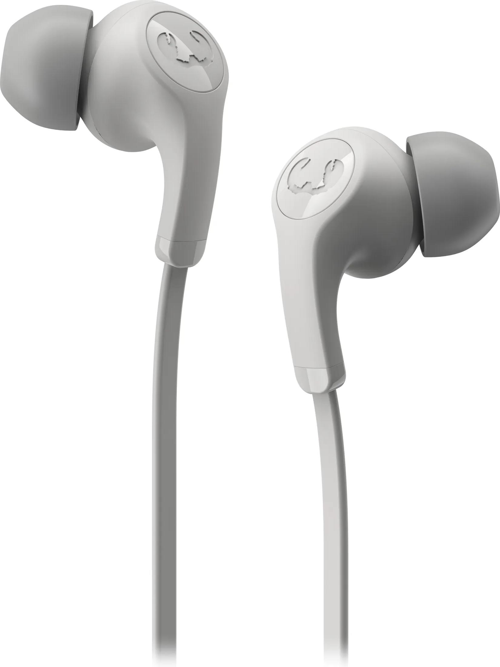 Zwei weiße In-Ear-Kopfhörer mit grauen Spitzen und Kabeln.