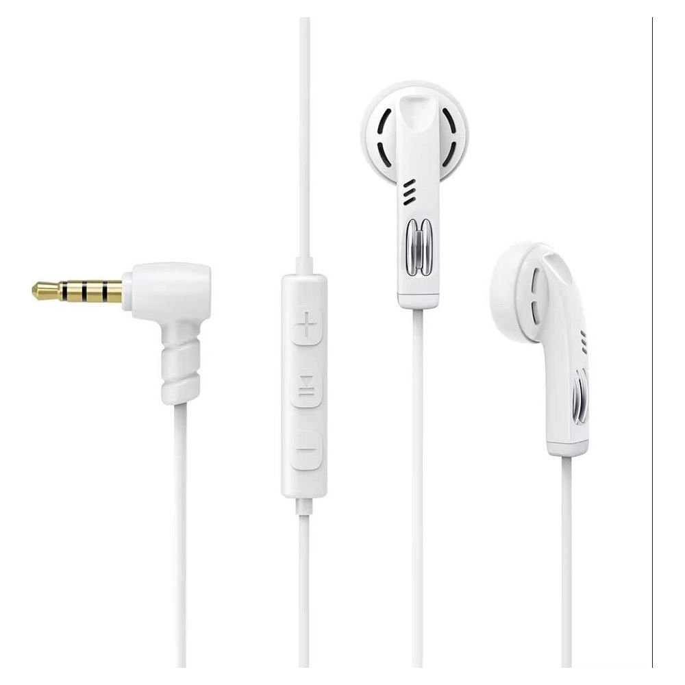 Weiße Kopfhörer mit Kabel, Stecker und Fernbedienung.