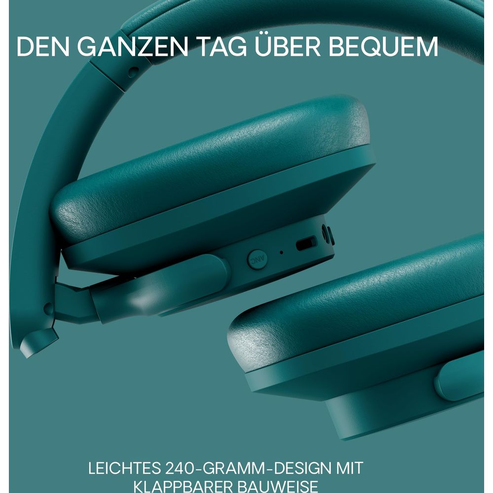 Turkusowe słuchawki z przyciskiem ANC, lekkie i składane.