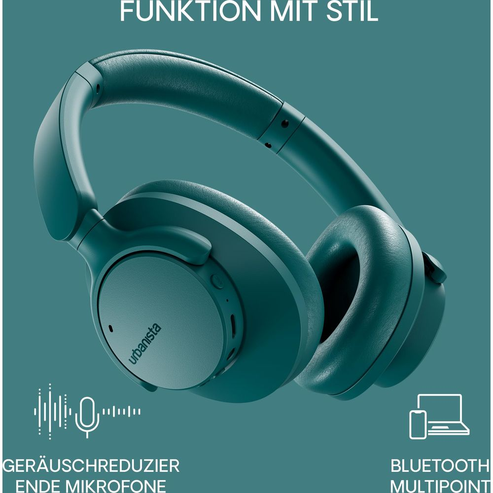 Turkusowe słuchawki Urbanista z redukcją szumów i Bluetooth multipoint.