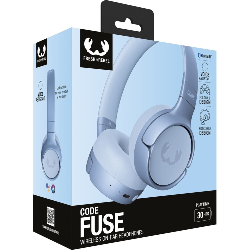 Verpackung für FRESH 'N REBEL CODE FUSE Kopfhörer mit Blau, Weiß und Grau.