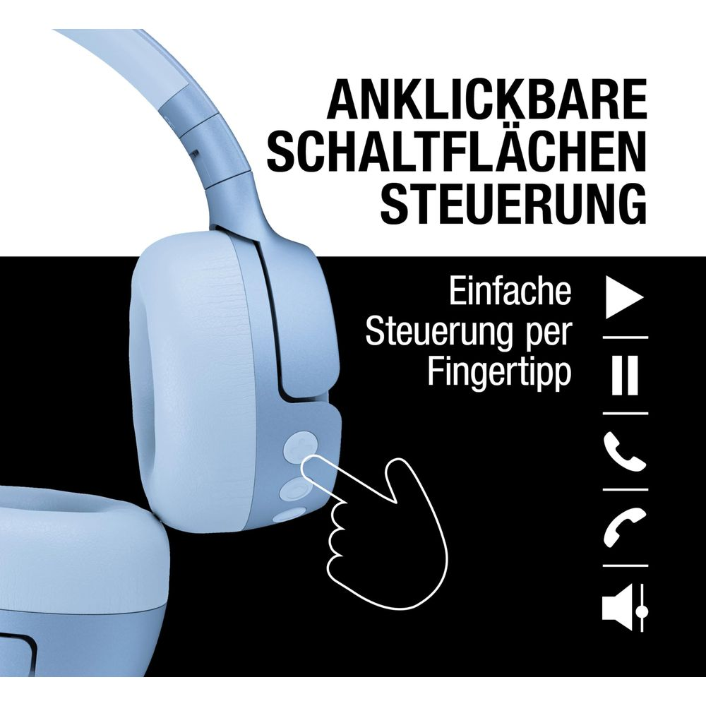 Blaue Kopfhörer mit Text und Symbolen für Wiedergabe, Pause, Anruf und Lautstärke.