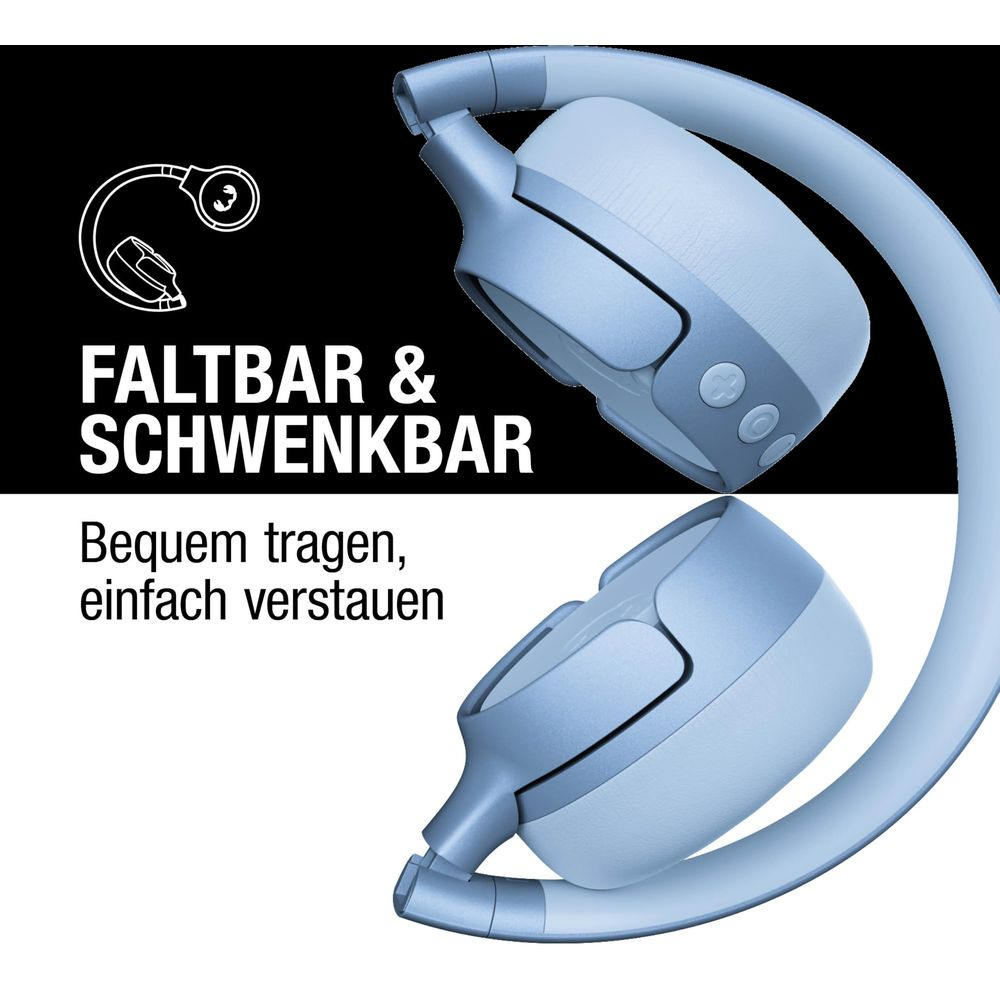 Faltbare Kopfhörer in Hellblau mit Bedienknöpfen. Text: Faltbar & Schwenkbar.