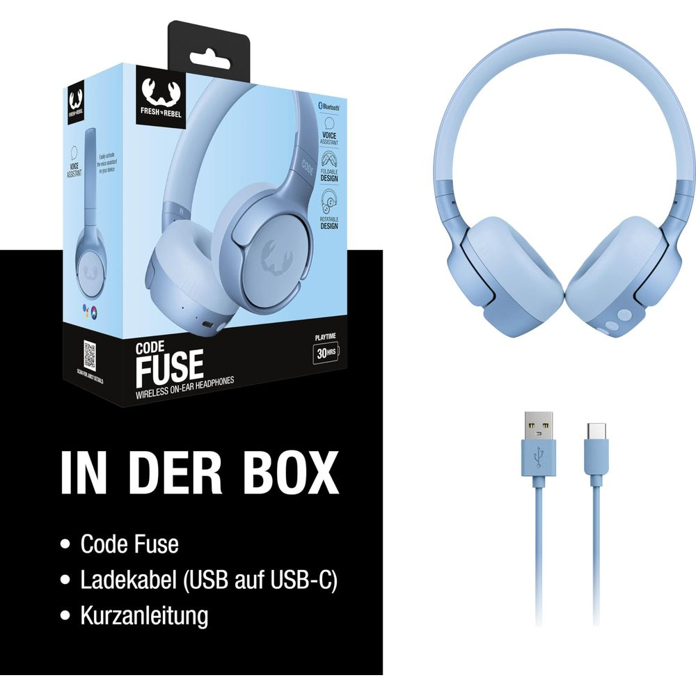 Blaue Fresh Rebel Kopfhörer, Verpackung und Ladekabel.