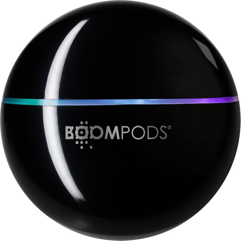Haut-parleur rond noir Boompods avec éclairage LED coloré.