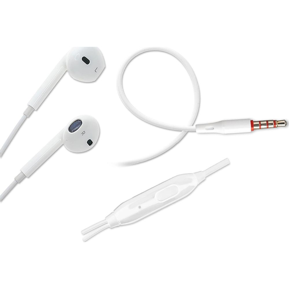 Écouteurs intra-auriculaires blancs avec câble et prise, avec télécommande.