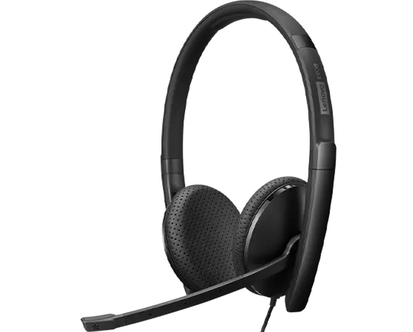 Cuffie Lenovo nere con microfono e padiglioni imbottiti.