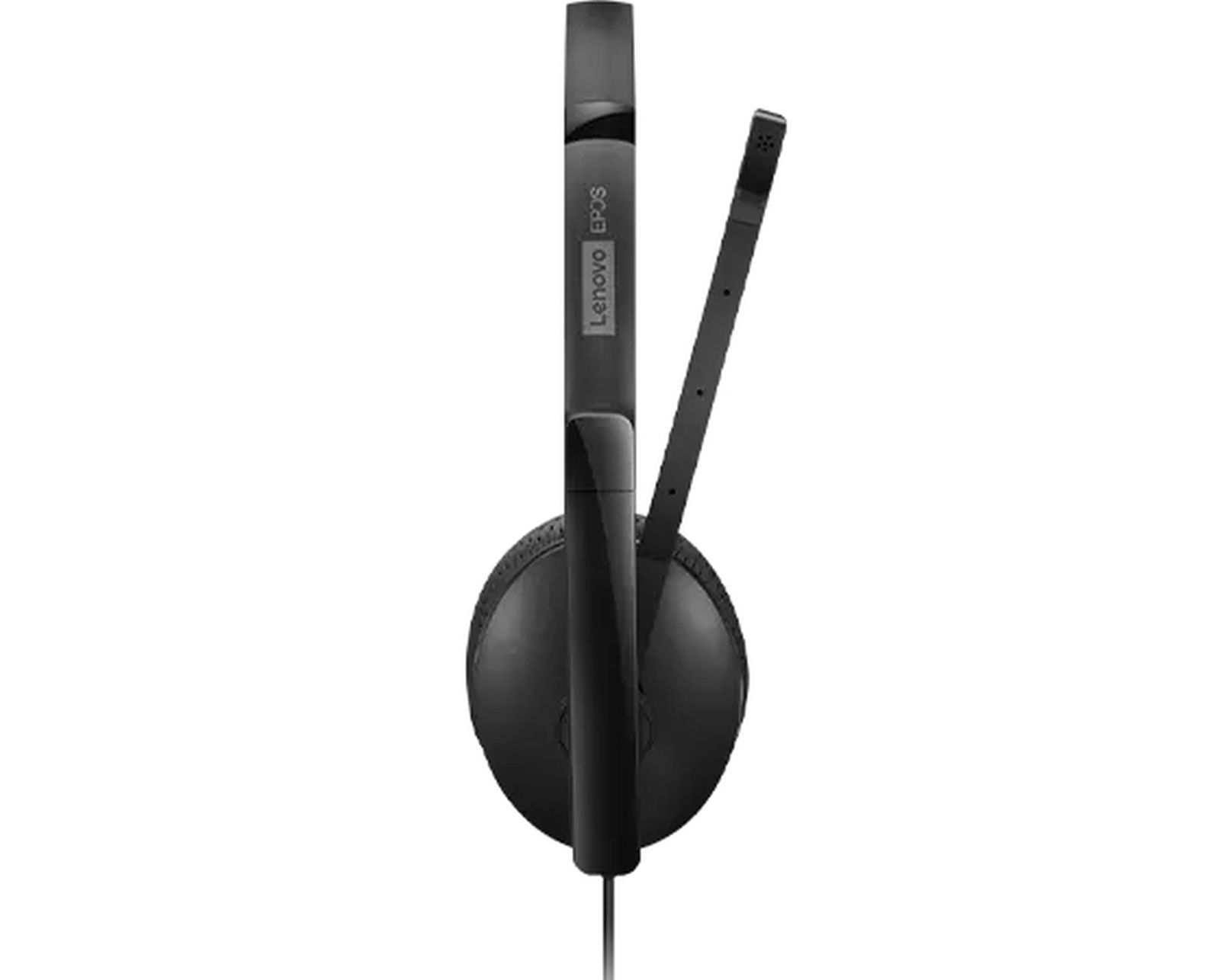 Cuffie nere Lenovo EPOS con braccio microfono su sfondo bianco.